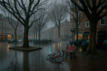 We hebben geen foto van een nat Valkenbosplein voorradig, dus heb we ChatGPT gevraagd om haar best te doen.